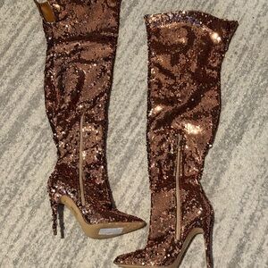 Yoki Sequin Over the Knee Boots - Bronze